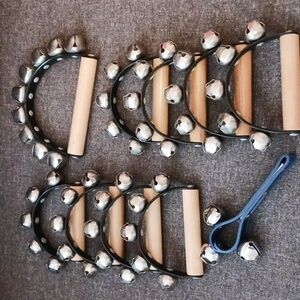 Vtg Jingle Sleigh Christmas Hand Bells Wooden Handle Lot 10 Musical Instruments